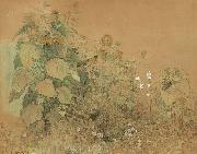 Paul Baum Gartenstuck mit grober und kleineren Sonnenblumen, Malven und anderen Blumen USA oil painting artist